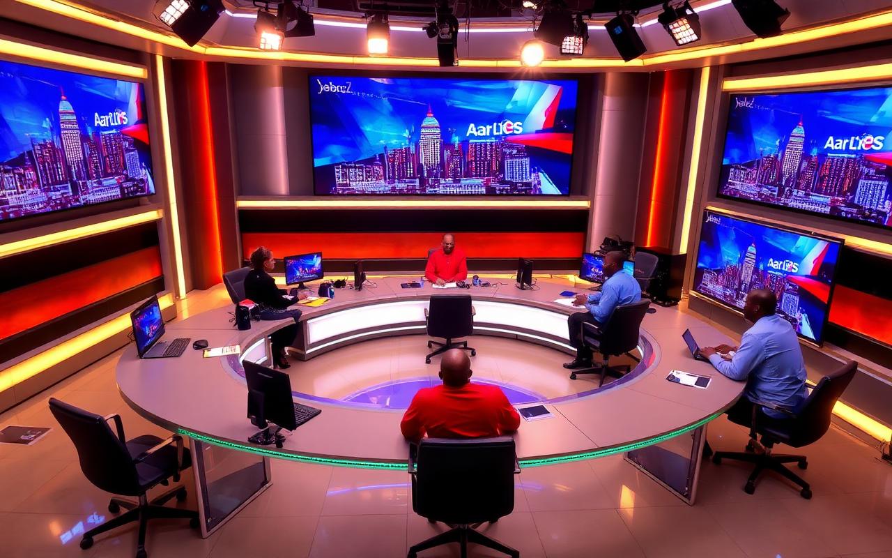 Journalists working in a modern television newsroom