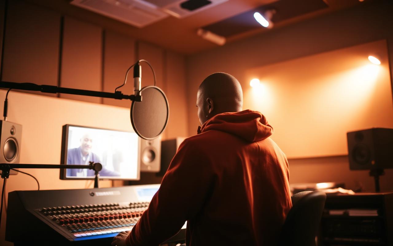 Sound engineer at a mixing desk in a Nigerian recording studio