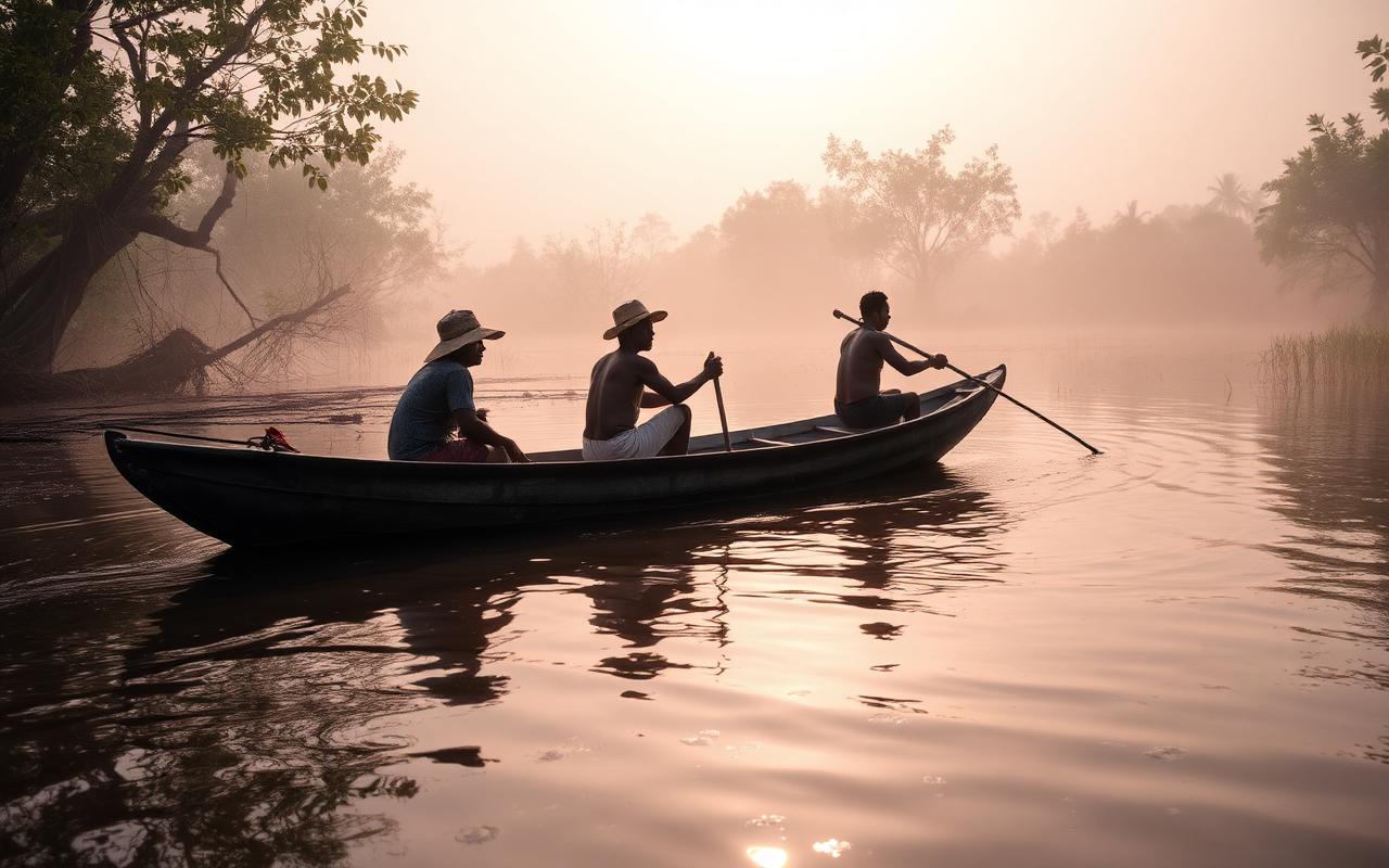 Fishermen paddling a canoe through Niger Delta mangrove creeks at dawn