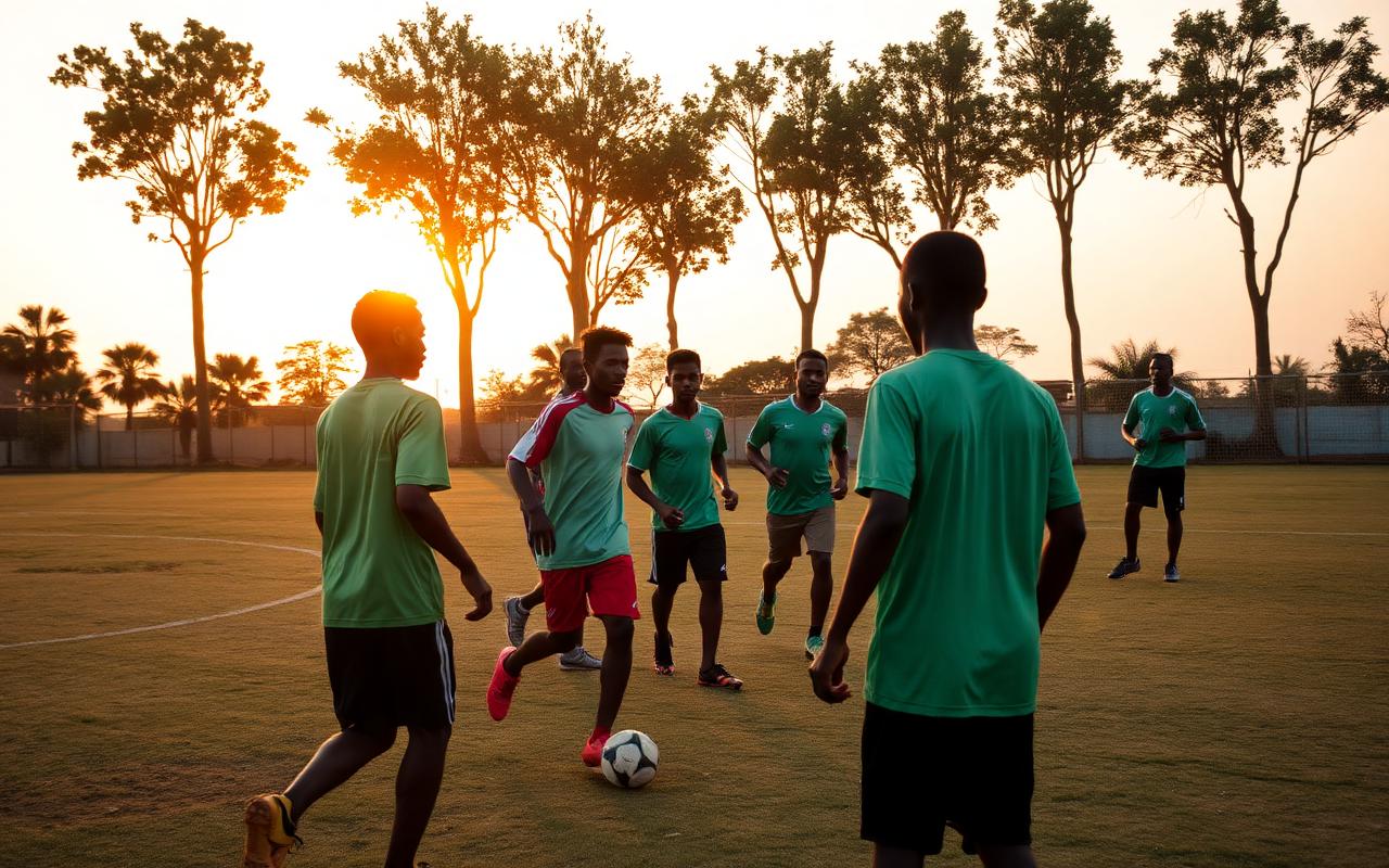 Young footballers training on a grassroots pitch at golden hour