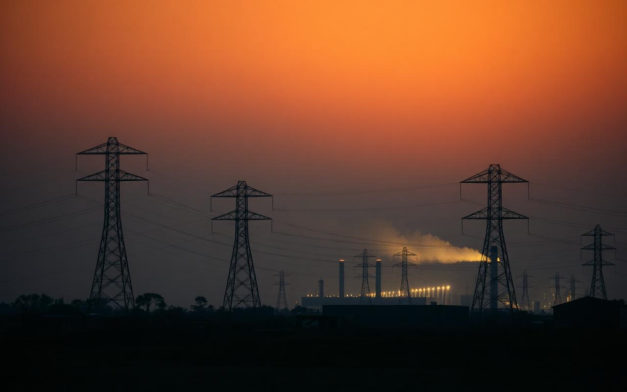 Electricity transmission towers and a power plant at dusk