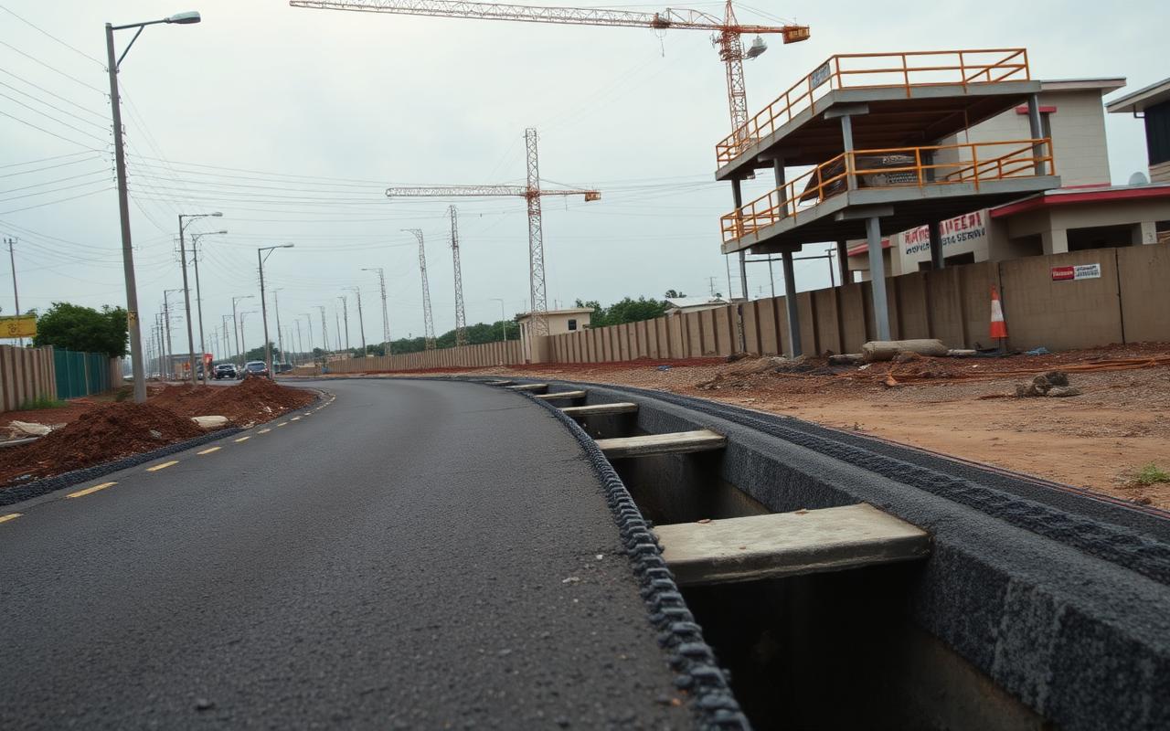 Newly surfaced road corridor with open drainage channels in Port Harcourt
